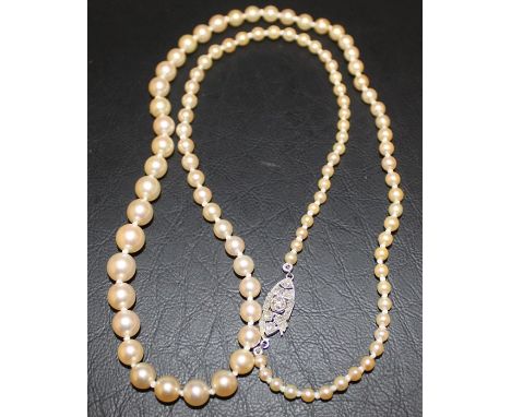 Edwardian pearl necklace with diamond set clasp total weight 13.3 g (largest pearl diameter 7 mm)