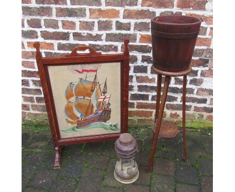 Barrel plant stand, fire screen (missing glass) &amp; tilley lamp