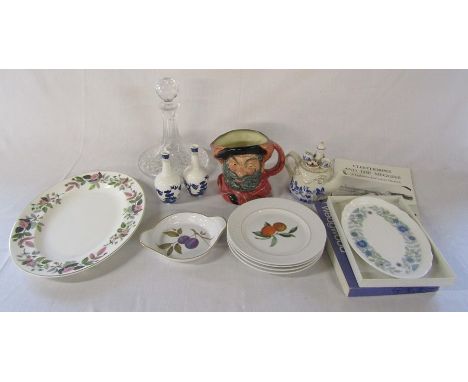 Various ceramics inc large Royal Doulton character jug, Royal Doulton vases, Royal Worcester, Wedgwood, glass decanter and bo