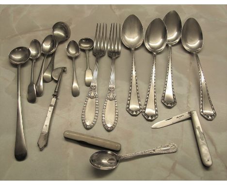 Mother of pearl and silver fruit knife, various silver plated cutlery &amp; a silver teaspoon