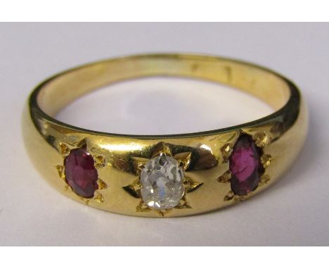 Tested as 18ct gold ruby and diamond gypsy ring (diamond 0.20 ct) size N/O weight 3.5 g