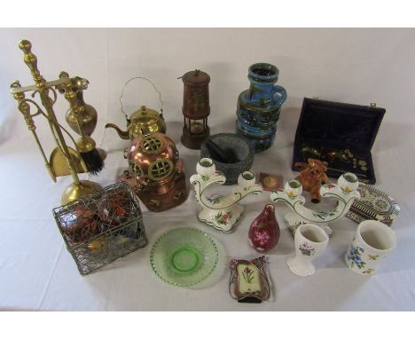 Assorted brassware inc fire companion set, miners lamp, ceramics and scales etc