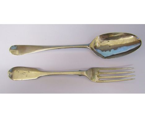 Georgian silver spoon (hallmarks indistinguishable) weight 1.08 ozt &amp; a Victorian fork London 1842 weight 1.18 ozt