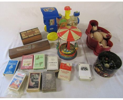 Assorted toys inc teddy bear, marbles, tin plate, playing cards etc