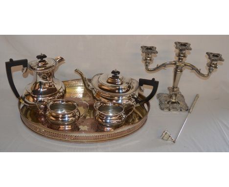 4 piece silver plate tea set with inscription, silver plate candlestick, tray &amp; a candle snuffer