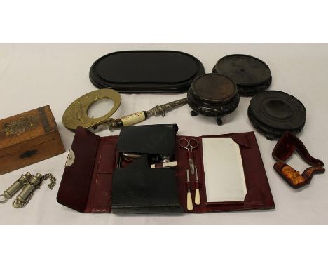 Late nineteenth century vanity case, Meerschaum pipe, 2 whistles, carved wooden stands etc