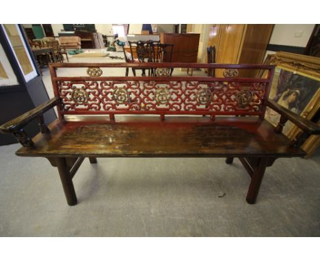 Chinese painted wood bench, 173cm wide x 53cm deep x 93cm high