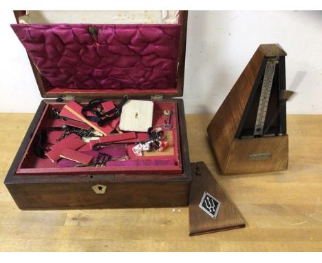 A 19thc jewellery box, rosewood veneer with mother of pearl plaque and escutcheon to top, fitted with tray to interior which 