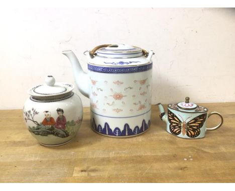 A mixed lot including a Chinese teapot with rattan swing handle to top, measures 17cm high, also a ginger jar with flared rim