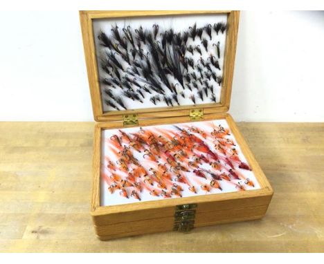Fishing interest:- A box of fishing flies arranged in six trays, plaque to top Kenneth R Vernon, handmade by G Abel, Turriff,
