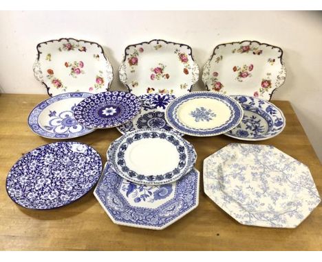 A mixed lot of china including blue and white plates some marked Royal Doulton, Spode and Johnson Bros, and three Cauldron fl