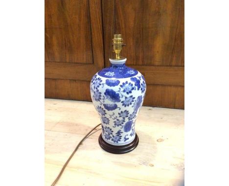 A John Lewis Chinese style baluster shaped blue and white table lamp, measures 39cm to top of lamp holder