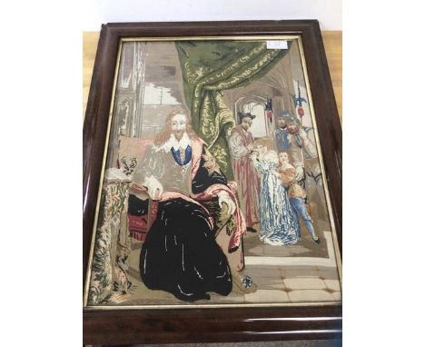 A tapestry panel depicting Charles I and other figures, measures 61cm x 44cm