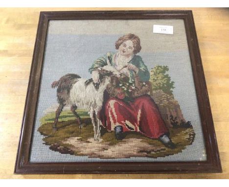 A tapestry panel depicting girl feeding goat from basket, measures 36cm x 36cm