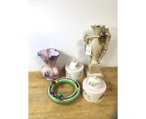 A mixed lot including two Port Meirion lidded pots, each measures 14cm high, also an Austrian vase base and a resin lamp (5)