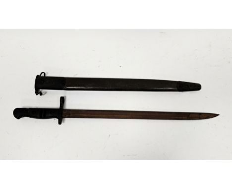 WWI American 1917 pattern bayonet&nbsp;by Remington, stamped US, in a leather and metal-mounted scabbard, blade length 43cm&n