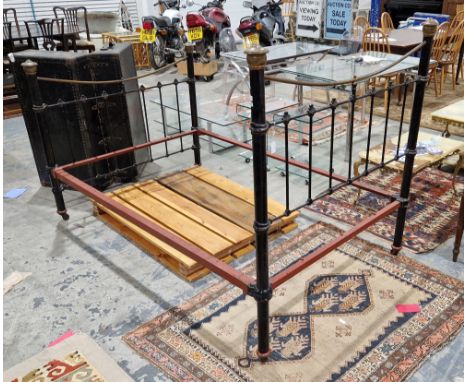 Victorian iron and brass bed with railing-style head and foot boards with brass knobs, scratch built fitted slatted timber ba