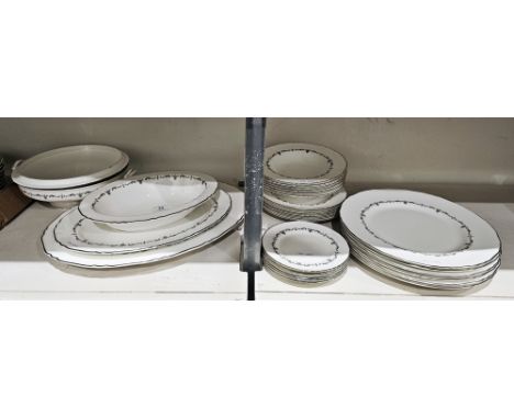 Royal Worcester bone china 'Silver Chantilly' part dinner service, printed with grey scrolls and husks within a silver border