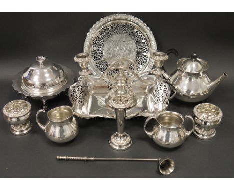 EPNS three-piece tea service, EPNS muffin dish, fruit basket, candelabrum&nbsp;and other items (1 box)&nbsp;