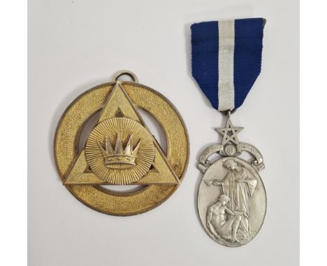 Masonic silver medallion on ribbon and&nbsp;another silver-gilt circular large medallion&nbsp;with crown to centre dated 1968