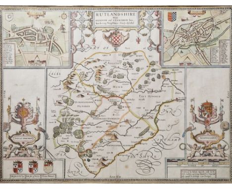 John Speed (1552-1629) Hand-coloured engraved map "Rutlandshire with Oukham and Stamford her bordering Neighbour Newely descr