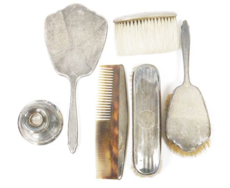 Silver-mounted hand mirror and matching silver-mounted hairbrush, engine-turned, Birmingham assay, silver-mounted comb&nbsp;a