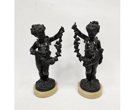 After Moreau, pair of bronze figures&nbsp;of cherubs, the standing boy and girl each holding a garland of flowers, signed to 
