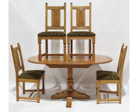 Oak extending dining table, oval with thumb mould edge, on heavy block and squat baluster column, cruciform base, 77cm high x