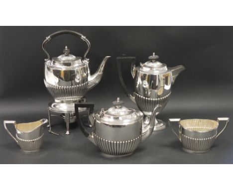 Walker &amp; Hall EPNS five-piece tea service&nbsp;of revived Georgian-style, oval and semi-gadrooned, viz:- teapot, tea kett