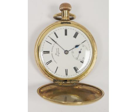 Gent's rolled gold Lancashire Watch Company hunter pocket watch&nbsp;with white enamel dial, Roman numerals and subsidiary se