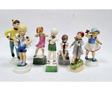 Seven Royal Worcester bone china models of children from the Days of the Week series, all on shaped bases, printed black mark