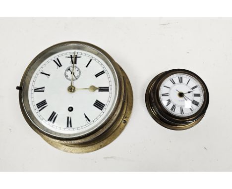 Early 20th century copper and brass ships bulkhead type clock, white enamel dial (16cm) with Roman numerals and subsidiary se