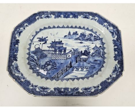 Chinese export blue and white porcelain shaped rectangular serving dish, late 18th century, painted with pavilions and terrac