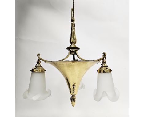 Arts &amp; Crafts planished brass pendant ceiling light&nbsp;of tapering trumpet form, with three branches, issuing frosted g