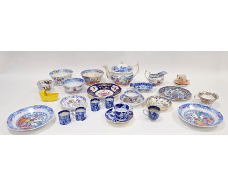 Group of 19th century Staffordshire pottery, including: a part tea-service printed with chinoiserie figures, a yellow glazed 