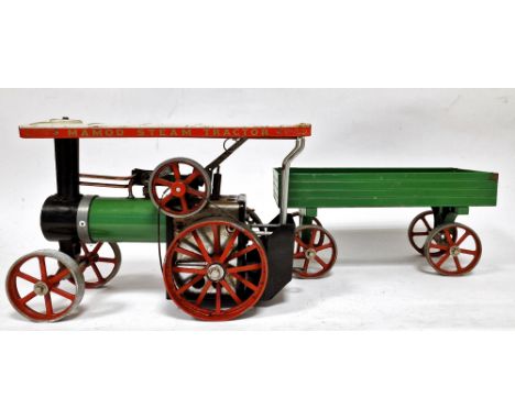 Mamod tinplate steam tractor&nbsp;with cream canopy and green trailer&nbsp;