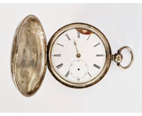 Early Victorian silver cased full hunter pocket watch, the enamel dial having Roman numerals denoting hours, seconds subsidia