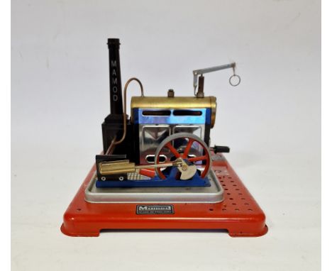 Mamod stationary steam engine&nbsp;on red Meccano base, 24cm wide and another, similar, 20cm wide (2)&nbsp;Condition ReportPl