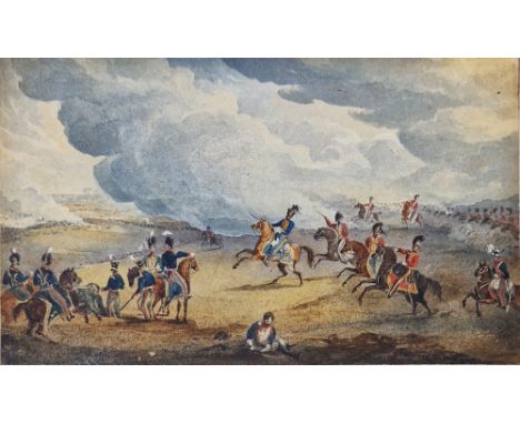 Attributed to Henry Martins (?-1860) Watercolour Battlefield scene with dragoon guards and light infantry, signed in pencil l