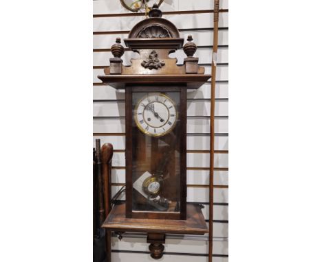 19th century Vienna-style regulator wall clock&nbsp;in mahogany case, with shell and urn-shaped pediment applied with acorn a