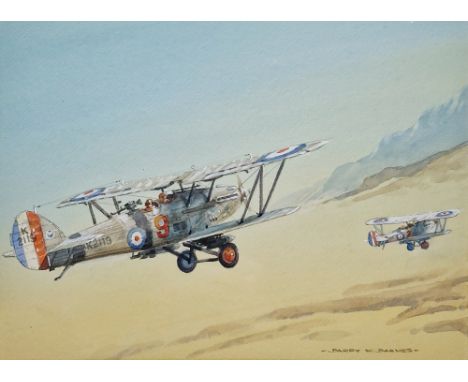 Barry K. Barnes (20th century) Watercolour "Hawker Harts of 39 Squadron, Risalpur, India 1934", signed lower right, framed an