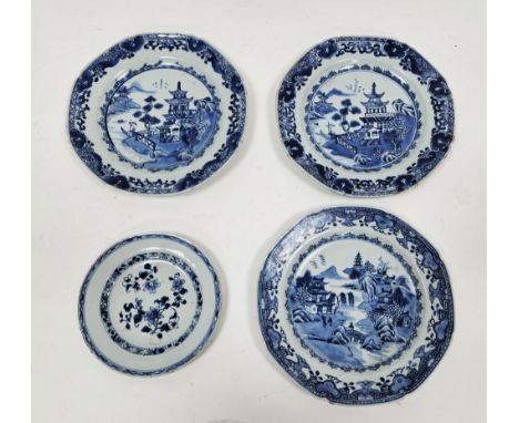 Four Chinese export blue and white plates, late 18th century, comprising a pair of octagonal form painted with pavilions and 