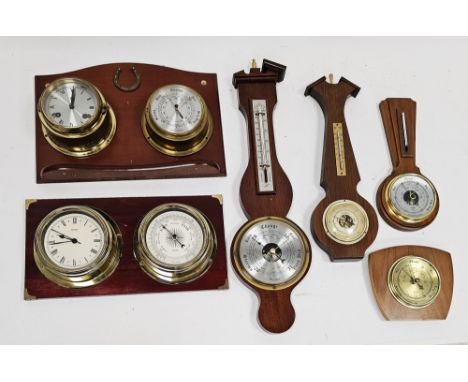 Two pairs of mounted bulkhead style barometer and clock sets, one quartz by Metamec, the other mechanical with chime and thre
