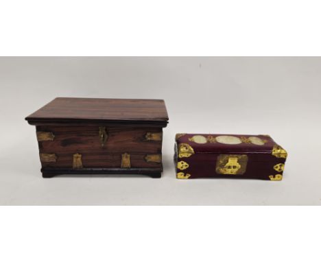Victorian rosewood and brass-mounted toilet box, the interior fitted with compartmentalised trays bound with brass rivets, 30