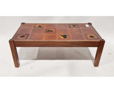 Mid-century tile-top coffee table&nbsp;of rectangular form, raised on squared wooden legs, 36cm high x 99cm wide x 52cm deep&
