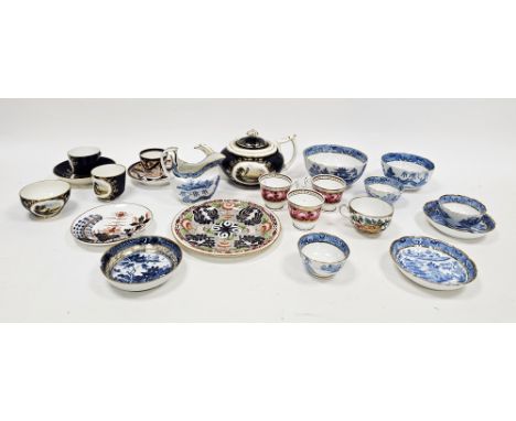 English porcelain blue and white transfer printed 'Willow' pattern part tea service, circa 1820, a Derby 'Bloor' dark blue gr