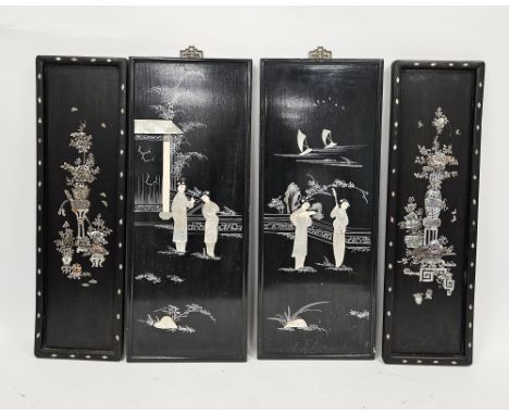 Two pairs of 20th century Chinese mother-of-pearl inlaid panels, the first made in Hong Kong, lacquered and decorated with tw