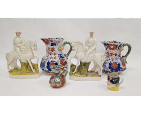 Three 19th century Mason's Ironstone Hydra jugs, a pair of Staffordshire pottery equestrian figures and a character jug, the 