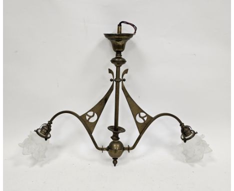 Art Nouveau pendant brass two-branch ceiling light with central globe finial and pierced decoration, issuing frosted glass pe