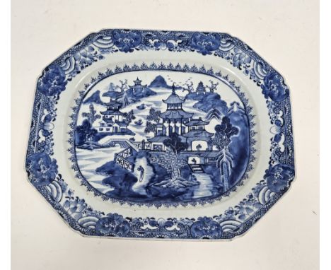 Chinese export blue and white porcelain serving dish, late 18th century, painted with figures before pavilions and terracing,